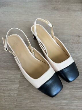 Alohas, Slingback Two-Tone Block Heel Pumps - Cream and Black, 38